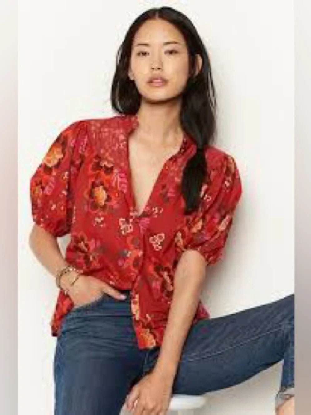 FARM RIO by Anthropologie Red Floral Puff-Sleeve Blouse